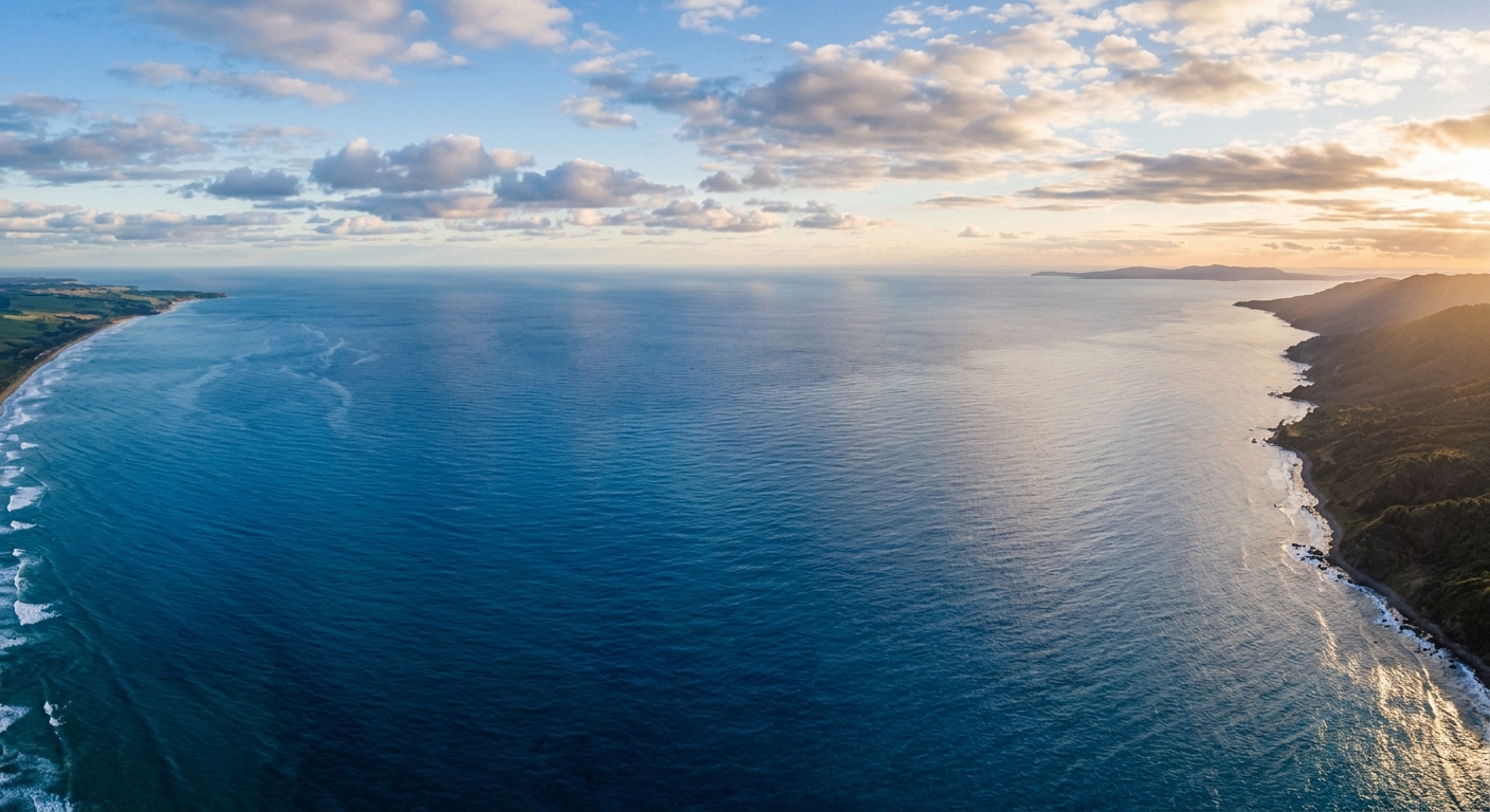 Aerial view of the Tasman coastline at golden hour