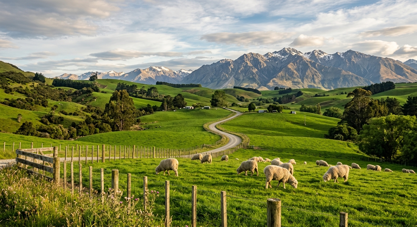 Rolling green hills with sheep, mountains in the background