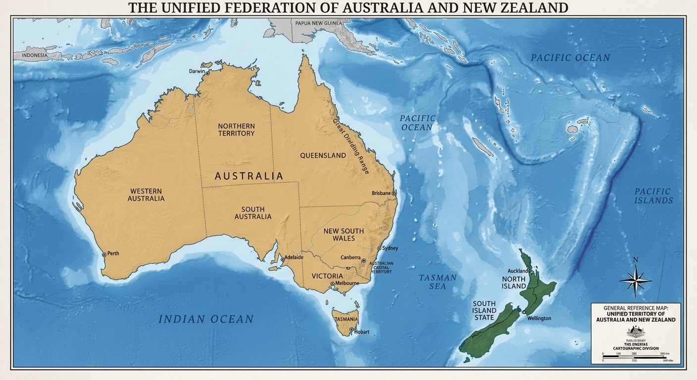 Map of the unified Australian Federation including New Zealand as the Eighth State