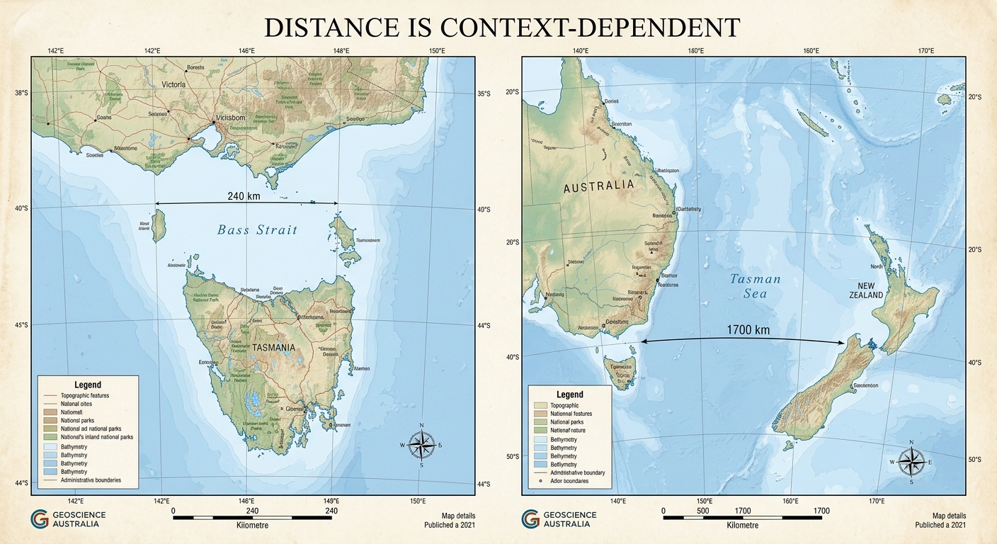 The Tasman Sea and Bass Strait presented at matching scale in Lambert Azimuthal Equal-Area projection
